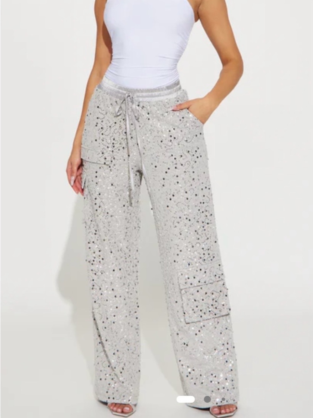 Fashion Nova Silver Sequin Cargo Wide-Leg Cargo Pants